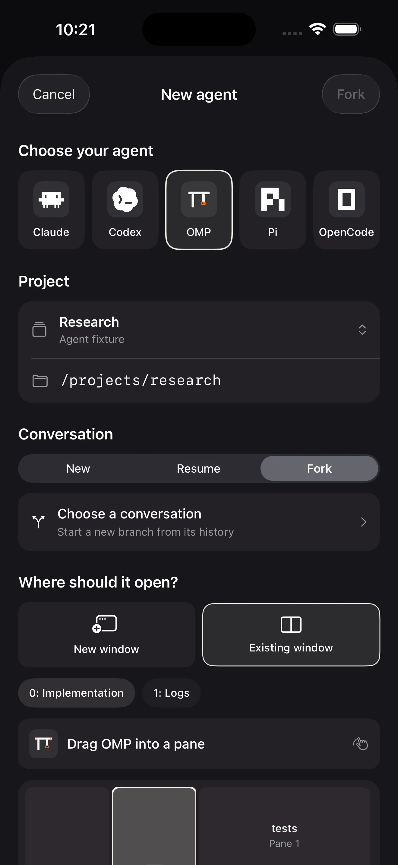 The native Cavreno agent chooser with Claude, Codex, OMP, Pi, and OpenCode icons and New, Resume, and Fork options.