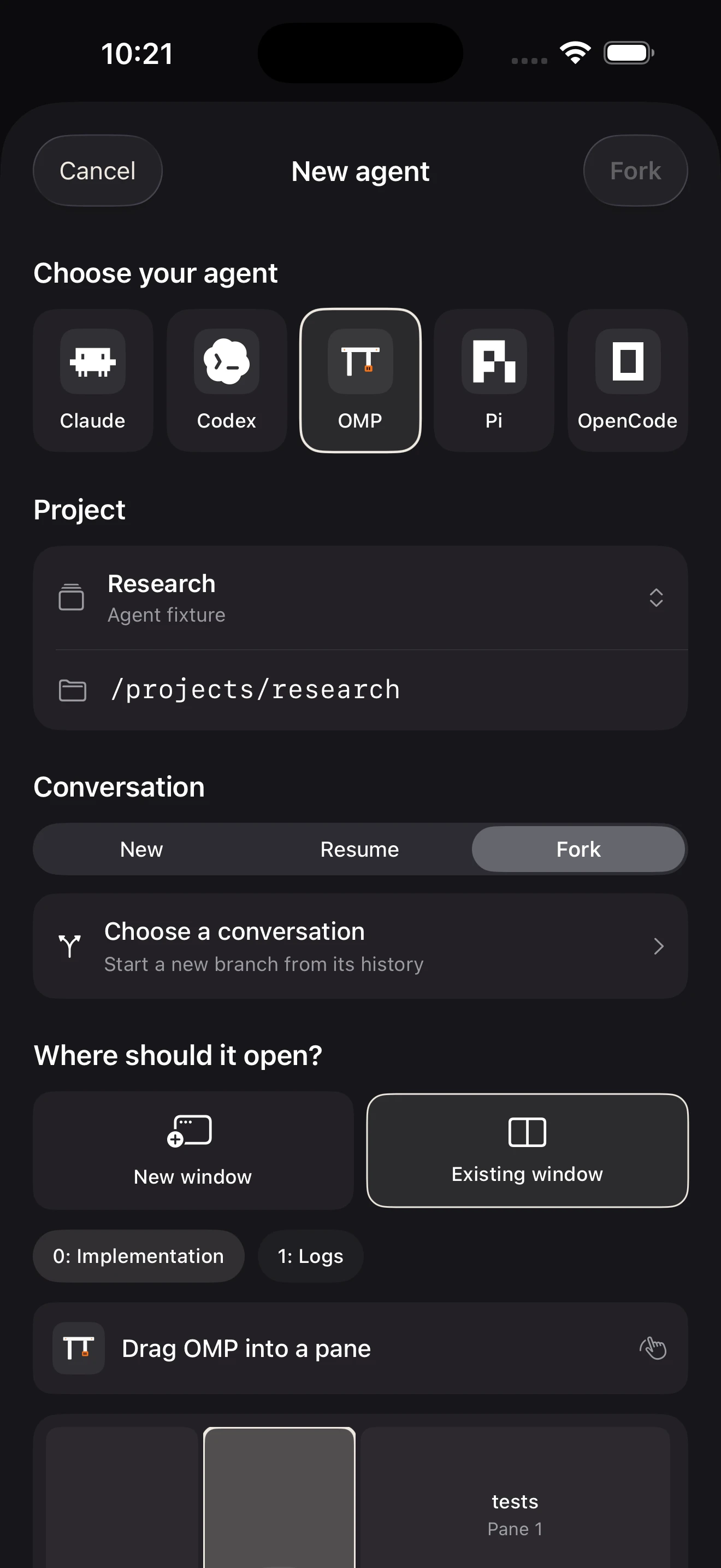 The actual Cavreno agent chooser showing provider icons, project selection, and conversation options.