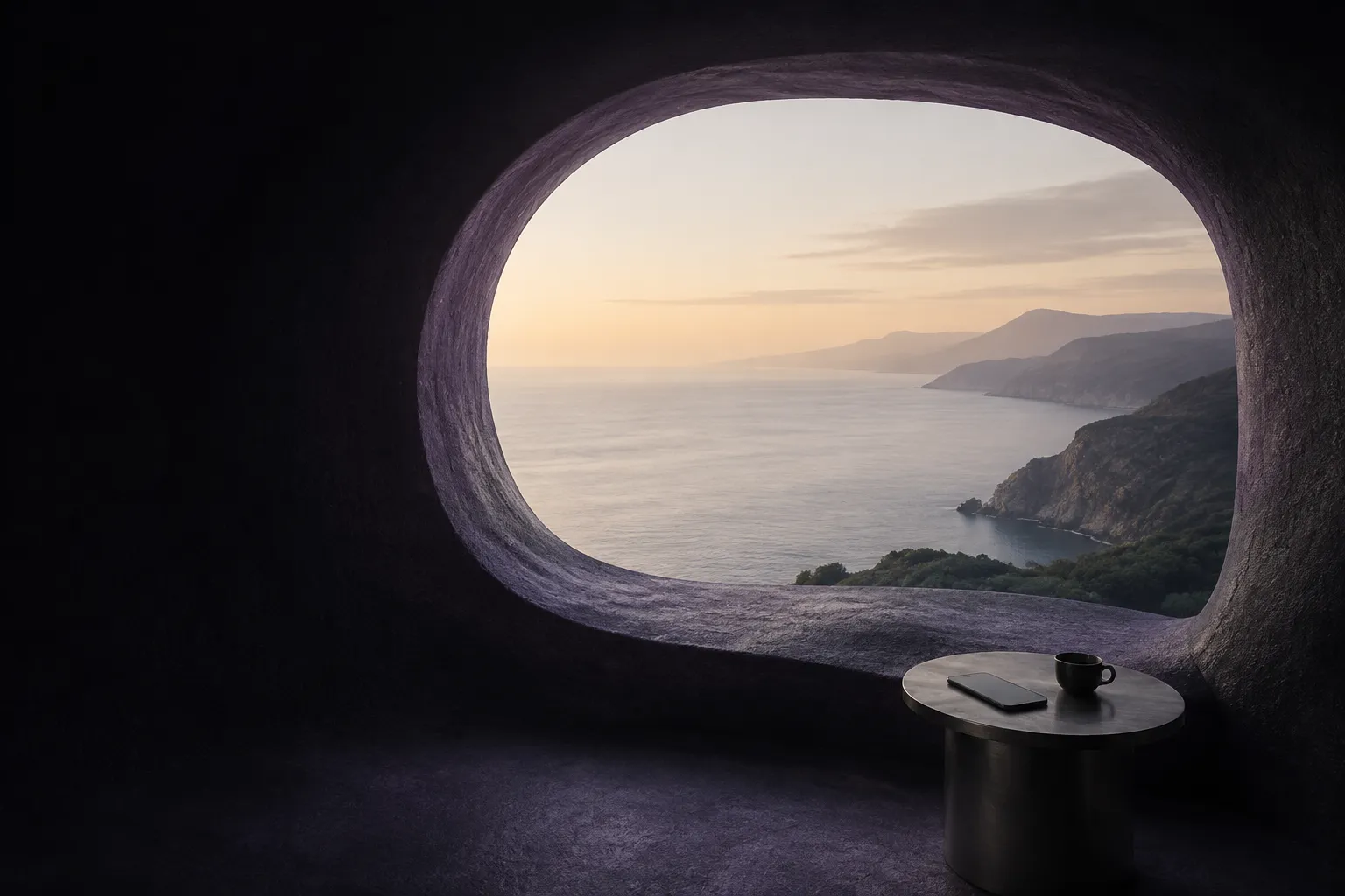 A quiet coastal view through a sculpted stone window, with a phone and coffee on a small table.