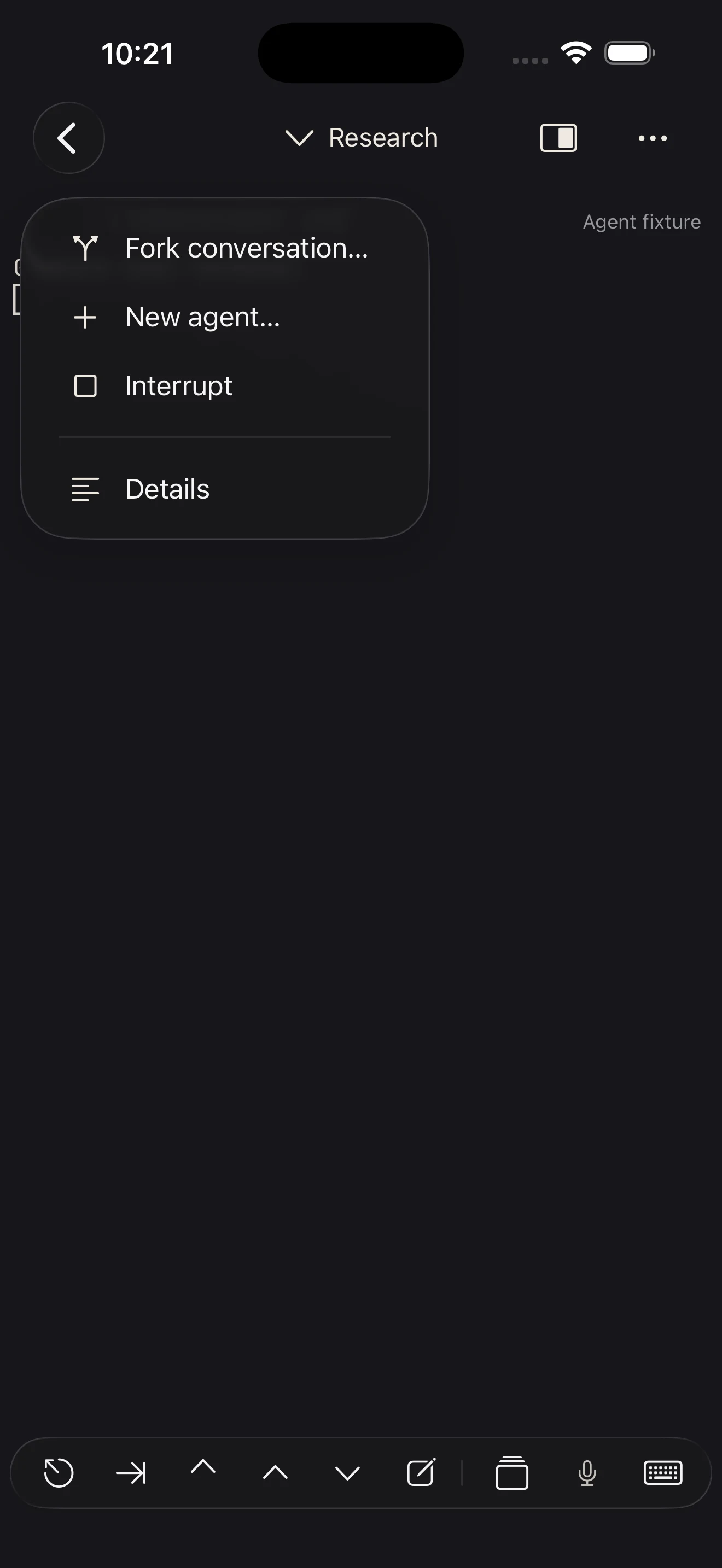Cavreno’s agent action menu with Fork conversation, New agent, Interrupt, and Details.