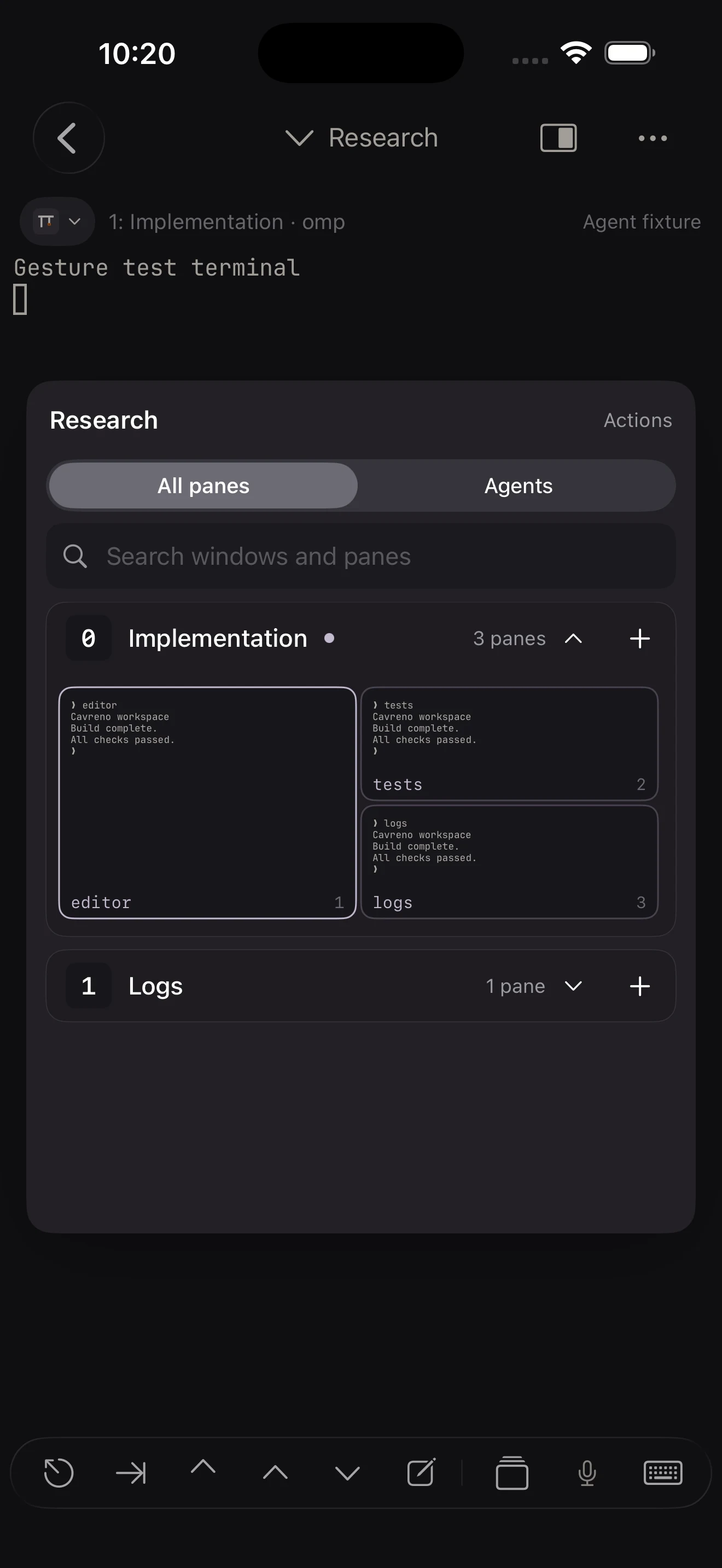 Cavreno’s native pane picker showing an editor, tests, and logs in their split layout.